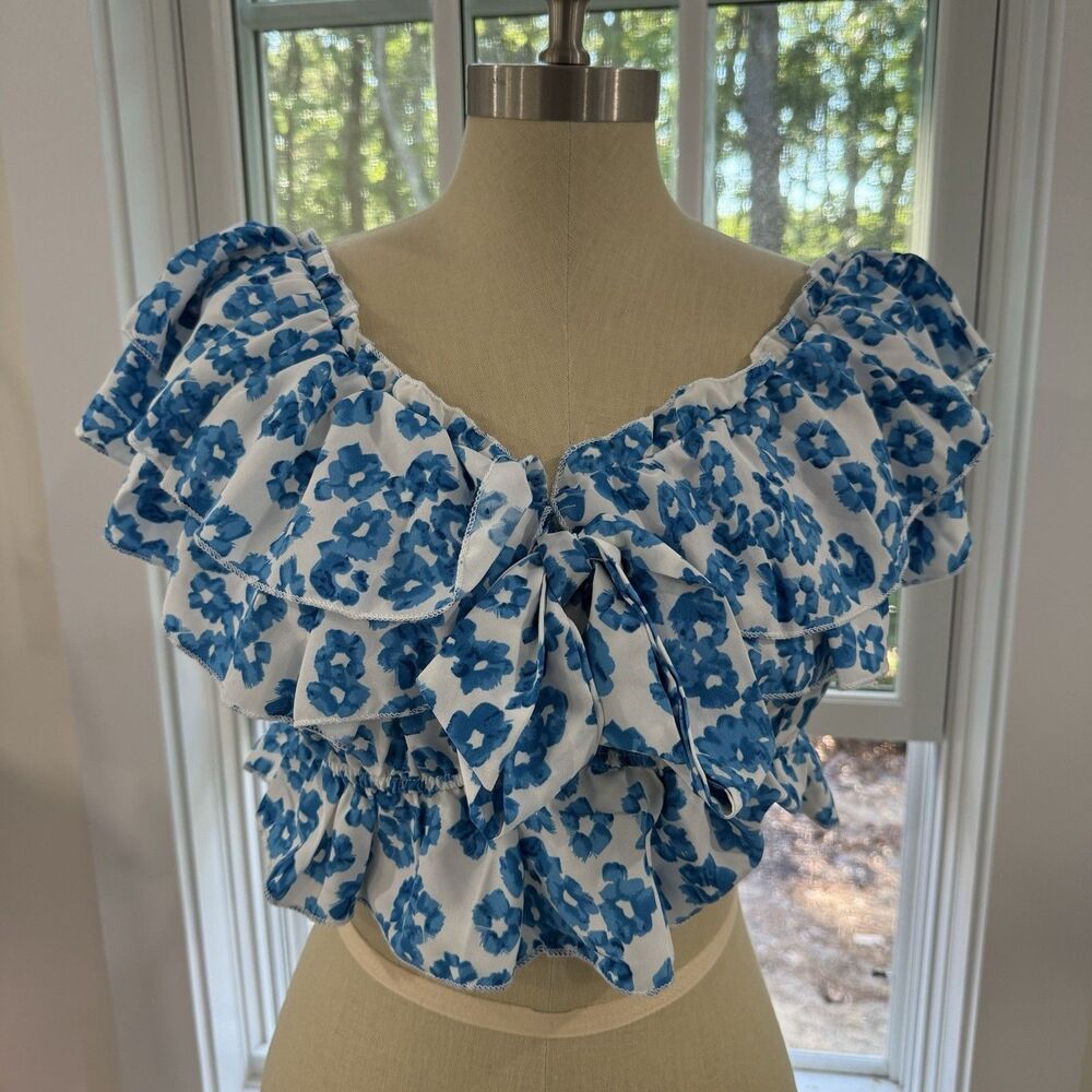 Gomorn Short Double Ruffle Cropped Midriff Blouse Size 12 Blue Flower Fairy NWOT